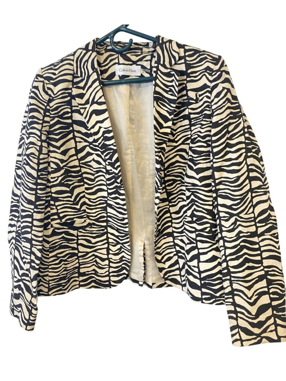 Calvin Klein Womens 14 Zebra Print Blazer Black White Animal Print Mob Wife Flaw